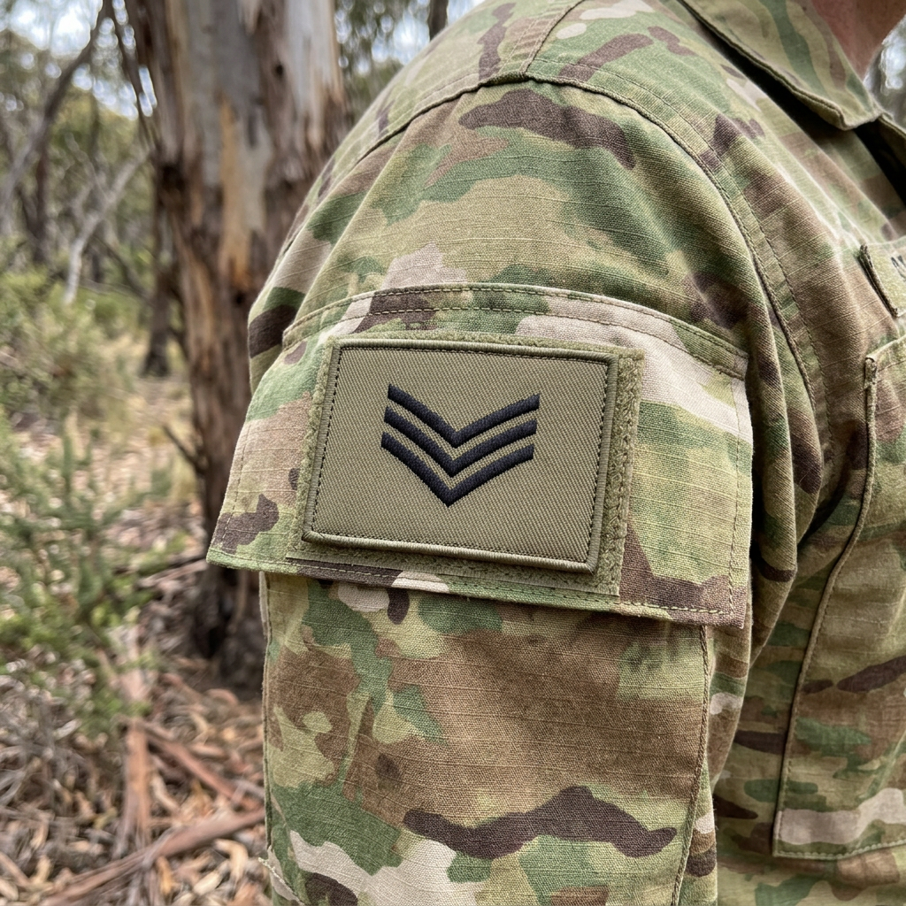 Khaki Sergeant embroidered patch on a camouflage sleeve outdoors