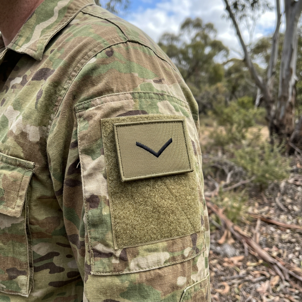 Khaki Lance Corporal embroidered patch on a camouflage sleeve outdoors