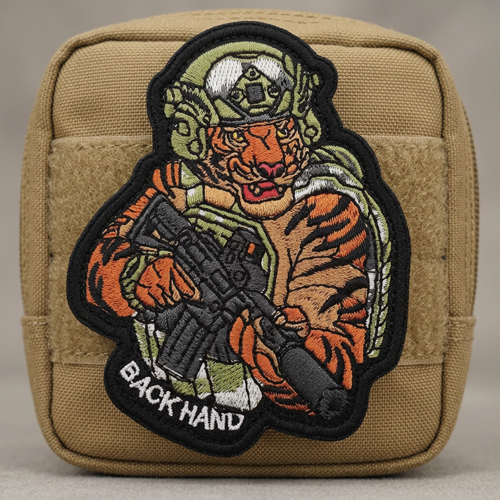 Dark-orange Tactical Tiger embroidered patch on a sand-coloured pouch