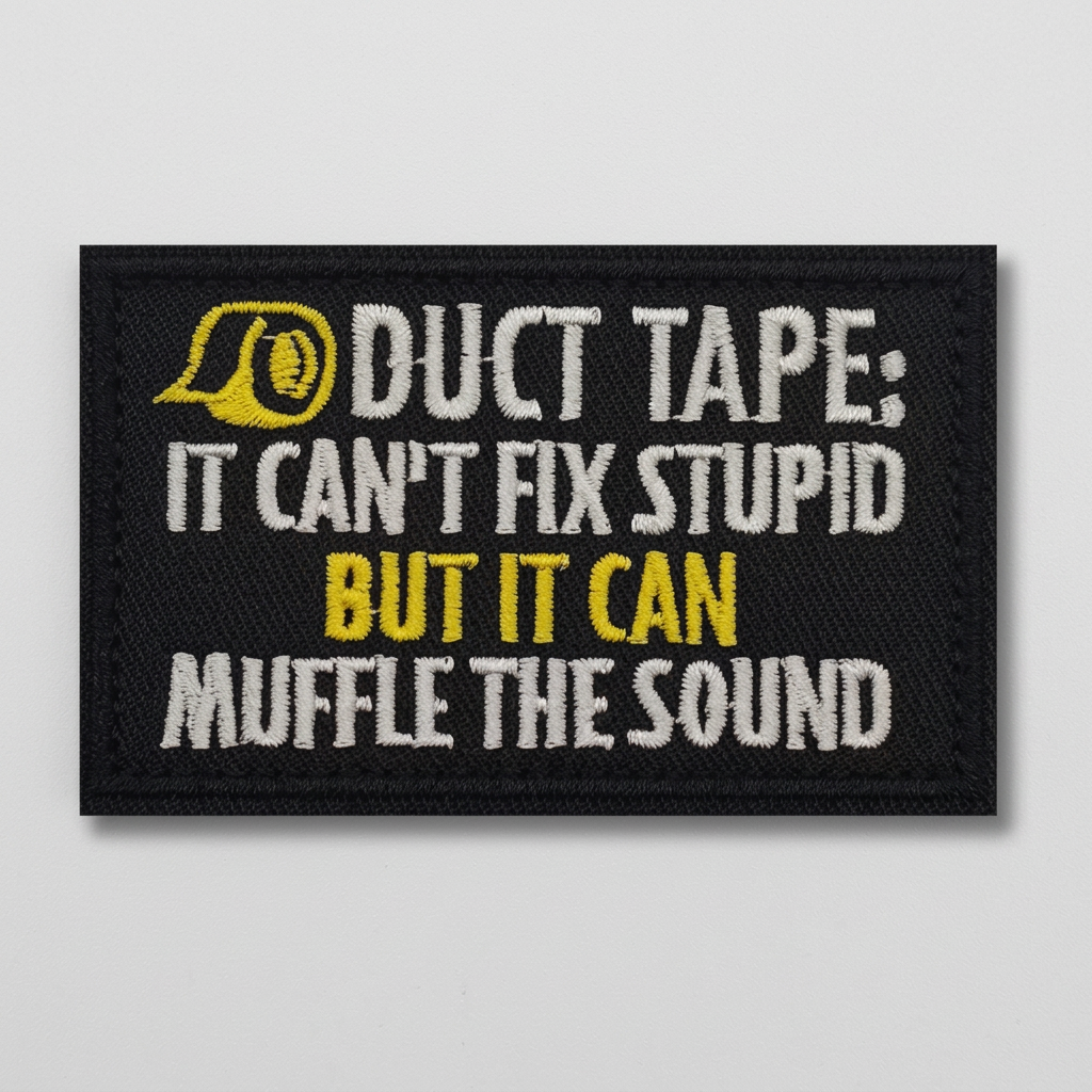 Duct Tape embroidered patch on a light grey studio background