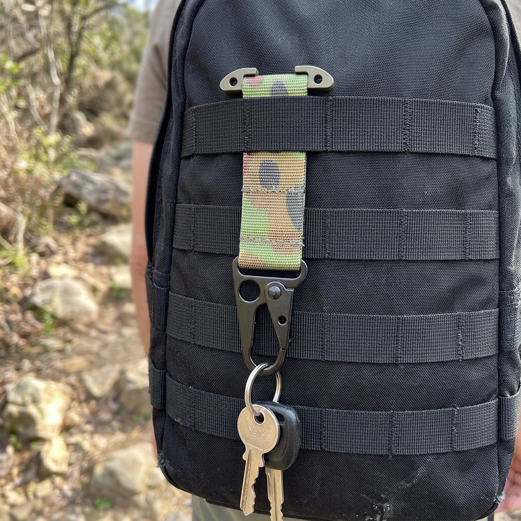 Camouflage tactical key holder with keys on black trail daypack