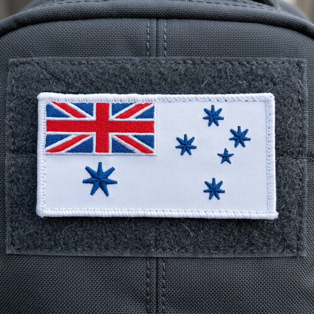 Navy White Ensign embroidered patch displayed on a charcoal backpack