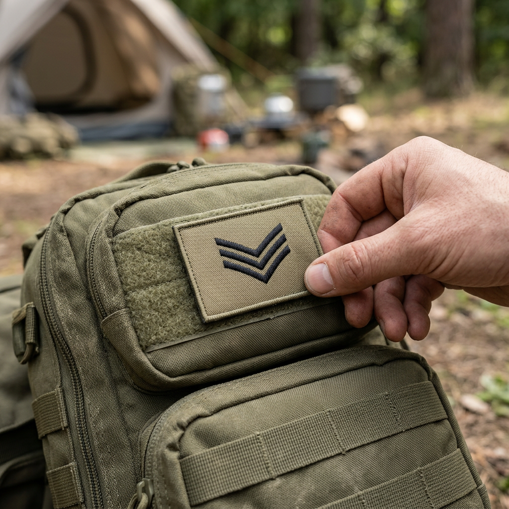 Khaki Sergeant embroidered patch being attached to field gear at a campsite