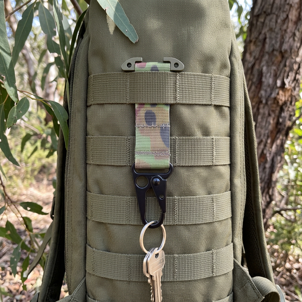 Camouflage tactical key holder mounted on olive backpack with keys