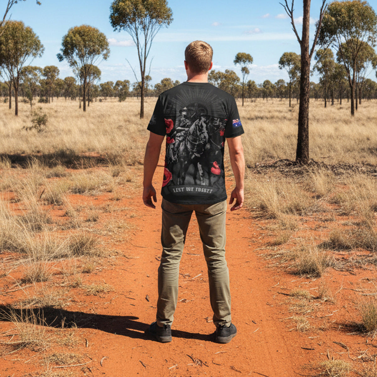 Honour Australia's legendary Light Horse with this striking poppy tribute tee. Crafted from breathable 100% polyester, it's designed for comfort whether you're wearing it casually or as a meaningful statement piece. Perfect for those who value our military heritage and want to keep that proud legacy visible every day. www.moralepatches.com.au