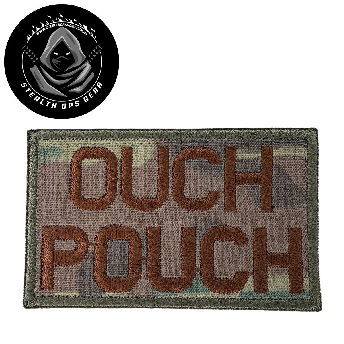 The Ouch Pouch Multicam Brown Thread Embroidery Morale Patch&nbsp;, measuring 8x5cm, is a striking and durable addition to personalize your gear with style and toughness. Crafted with high-quality embroidery, this patch features a versatile Multicam pattern that blends seamlessly with various tactical and outdoor equipment. www.moralepatches.com.au