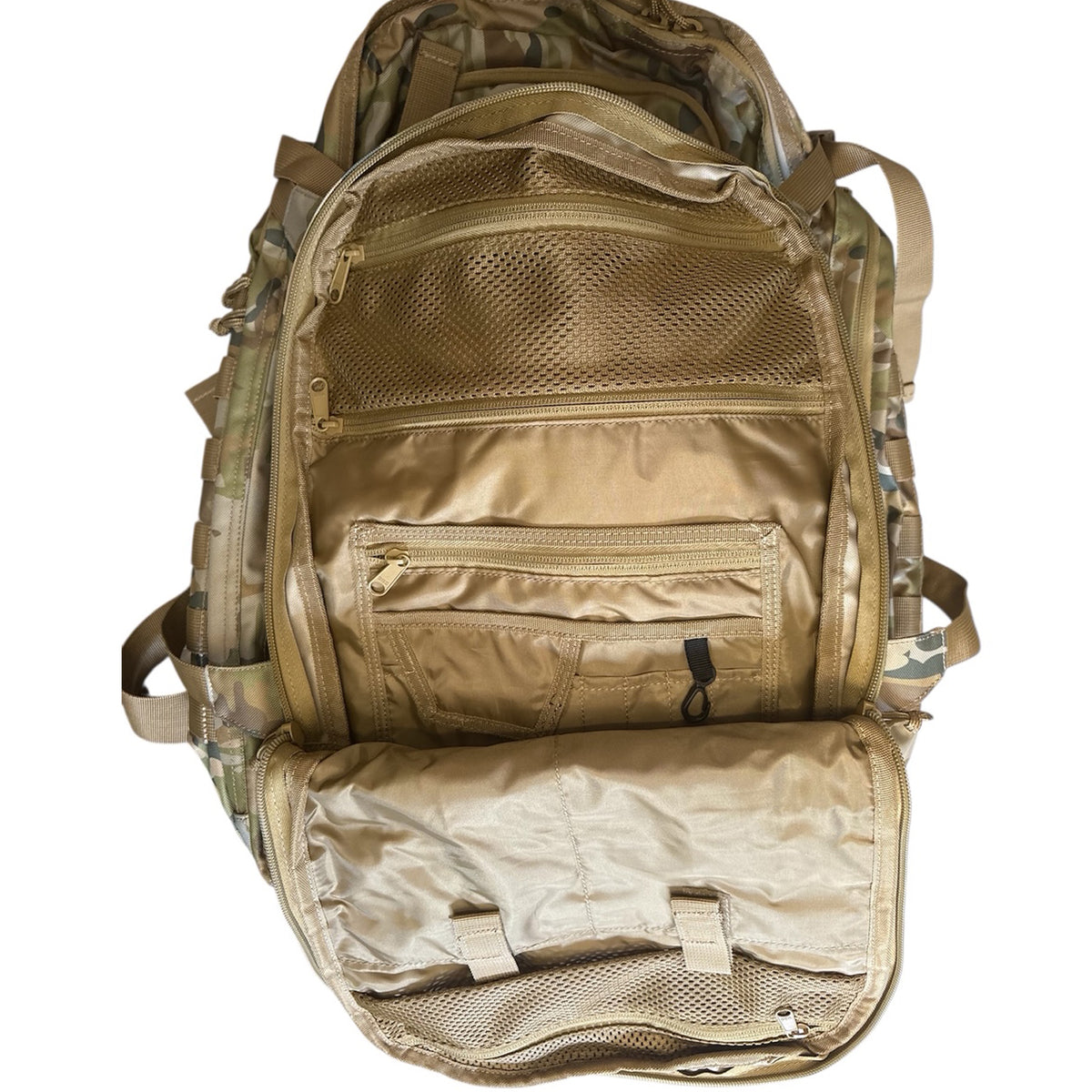The AMCU Tactical 45LT Patrol Pack is designed for 2-3 day missions, featuring two main compartments for efficient gear organization. It includes a front pocket with an internal organizer, a dedicated hydration pocket, and a protective pouch for sunglasses www.moralepatches.com.au