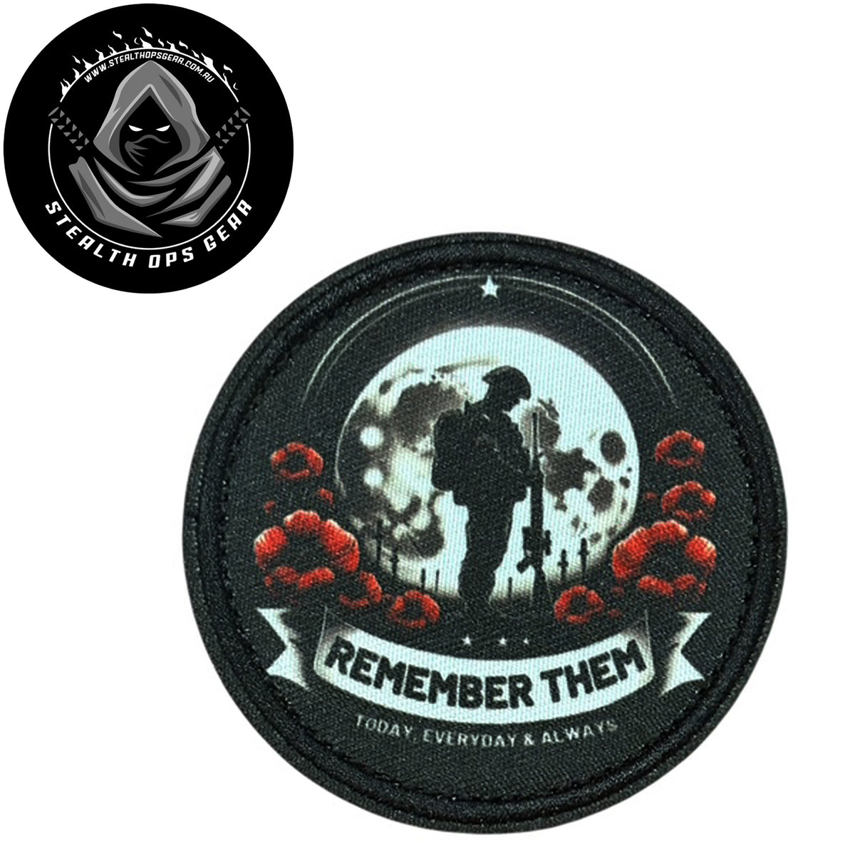 Remember Them Embroidery Morale Patch - Stealth Ops Gear, measuring 8cm, is a striking and durable addition to personalize your gear with style and toughness. Crafted with high-quality embroidery, this patch features a versatile pattern that blends seamlessly with various tactical and outdoor equipment. Its compact size makes it easy to attach to backpacks, jackets, or vests www.moralepatches.com.au