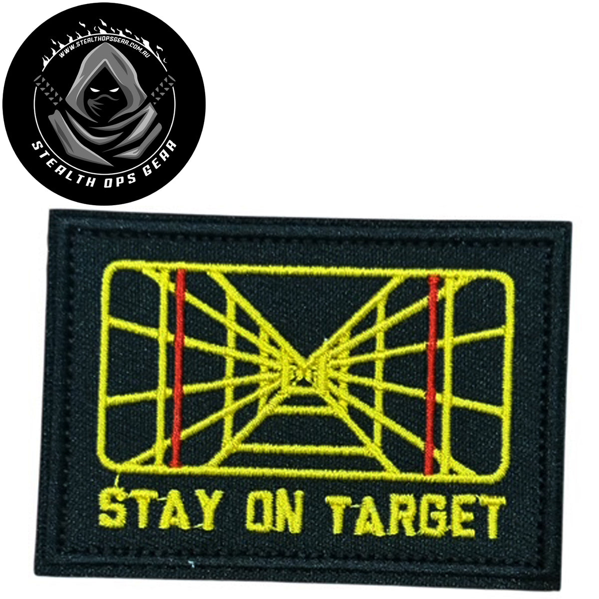 Stay On Target Screen Embroidery Morale Patch - Stealth Ops Gear, measuring 8x5.5cm, is a striking and durable addition to personalize your gear with style and toughness. www.moralepatches.com.au
