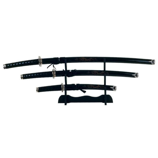 Three piece sword set with wood display stand 100cm katana sword 80cm wakizashi sword 54cm tanto sword Display stand constructed of black wood Will not ship to Victoria Please note image for illustration purposes only, no dragon design on scabbard www.moralepatches.com.au