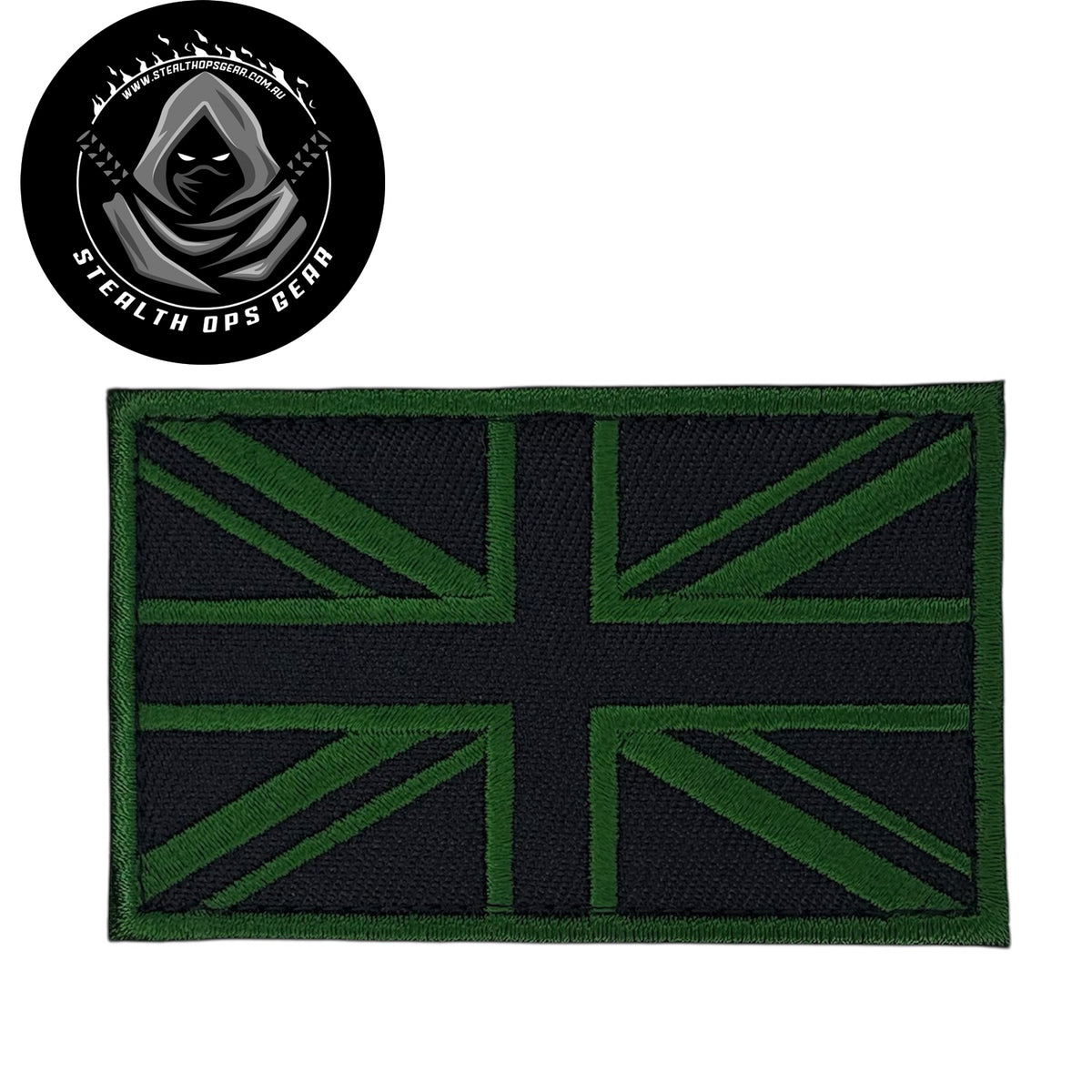 UK Black &amp; Green Thread Embroidery Morale Patch - Stealth Ops Gear, measuring 8x5cm, is a striking and durable addition to personalize your gear with style and toughness. Crafted with high-quality embroidery, this patch features a versatile pattern that blends seamlessly with various tactical and outdoor equipment. www.moralepatches.com.au