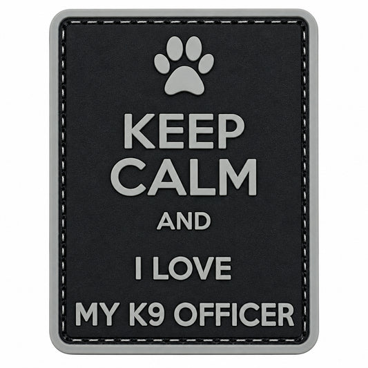 Keep Calm and I Love My K9 Officer PVC Patch Black and Gray, Velcro backed Badge. Great for attaching to your field gear, jackets, shirts, pants, jeans, hats or even create your own patch board.  Size: 7.5x5.2cm www.moralepatches.com.au
