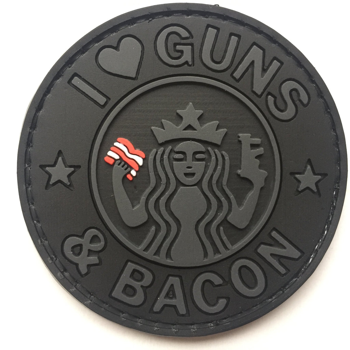 I Love Guns and Bacon PVC Patch, Velcro backed Badge. Great for attaching to your field gear, jackets, shirts, pants, jeans, hats or even create your own patch board.  Size: 6cm