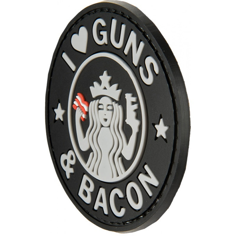 I Love Guns and Bacon PVC Patch, Velcro backed Badge. Great for attaching to your field gear, jackets, shirts, pants, jeans, hats or even create your own patch board.  Size: 6cm