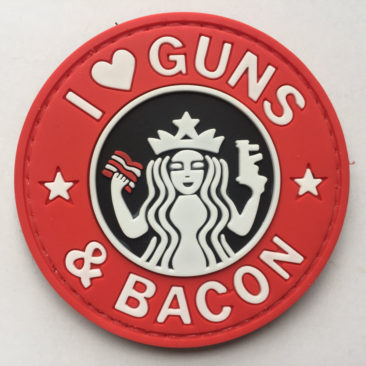 I Love Guns and Bacon PVC Patch, Velcro backed Badge. Great for attaching to your field gear, jackets, shirts, pants, jeans, hats or even create your own patch board.  Size: 6cm