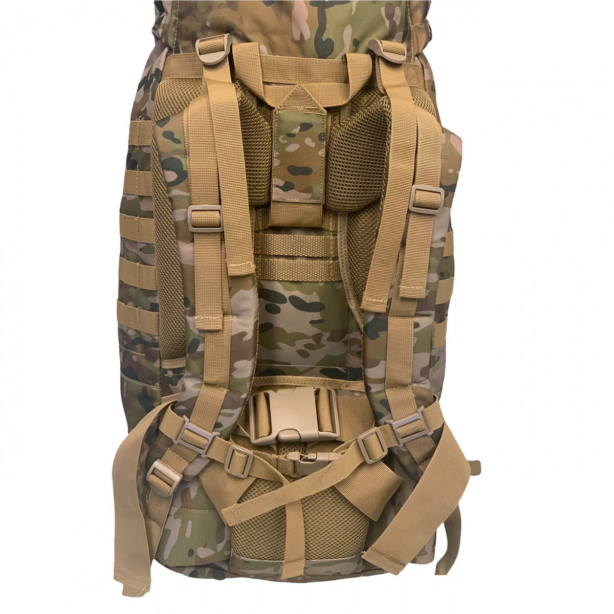 60lt  Heavy duty 900D coats PU fabric  Nylon buckles  Heavy duty webbing  Dual compartment pack & top pocket  Internal gusset for compartmental separation  Top gusset with drawstring  # 10 zips  Heavy duty webbing with full MOLLE setup  Adjustable ladder harness  Weight: 1.85kg