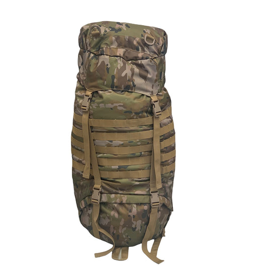 60lt  Heavy duty 900D coats PU fabric  Nylon buckles  Heavy duty webbing  Dual compartment pack & top pocket  Internal gusset for compartmental separation  Top gusset with drawstring  # 10 zips  Heavy duty webbing with full MOLLE setup  Adjustable ladder harness  Weight: 1.85kg