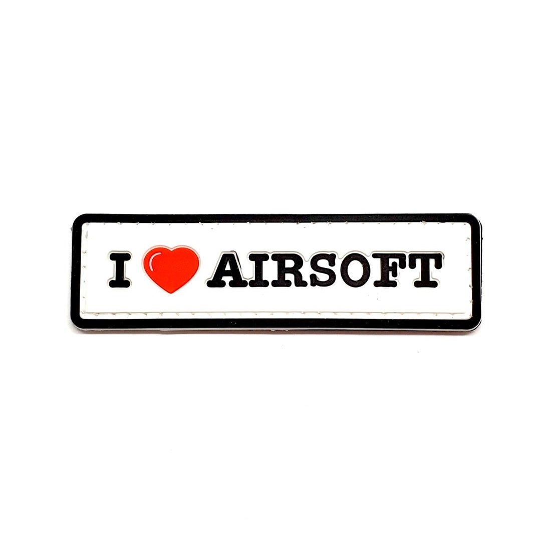 I Love Airsoft PVC Patch, Velcro backed Badge. Great for attaching to your field gear, jackets, shirts, pants, jeans, hats or even create your own patch board.  Size: 8.5x2.5cm