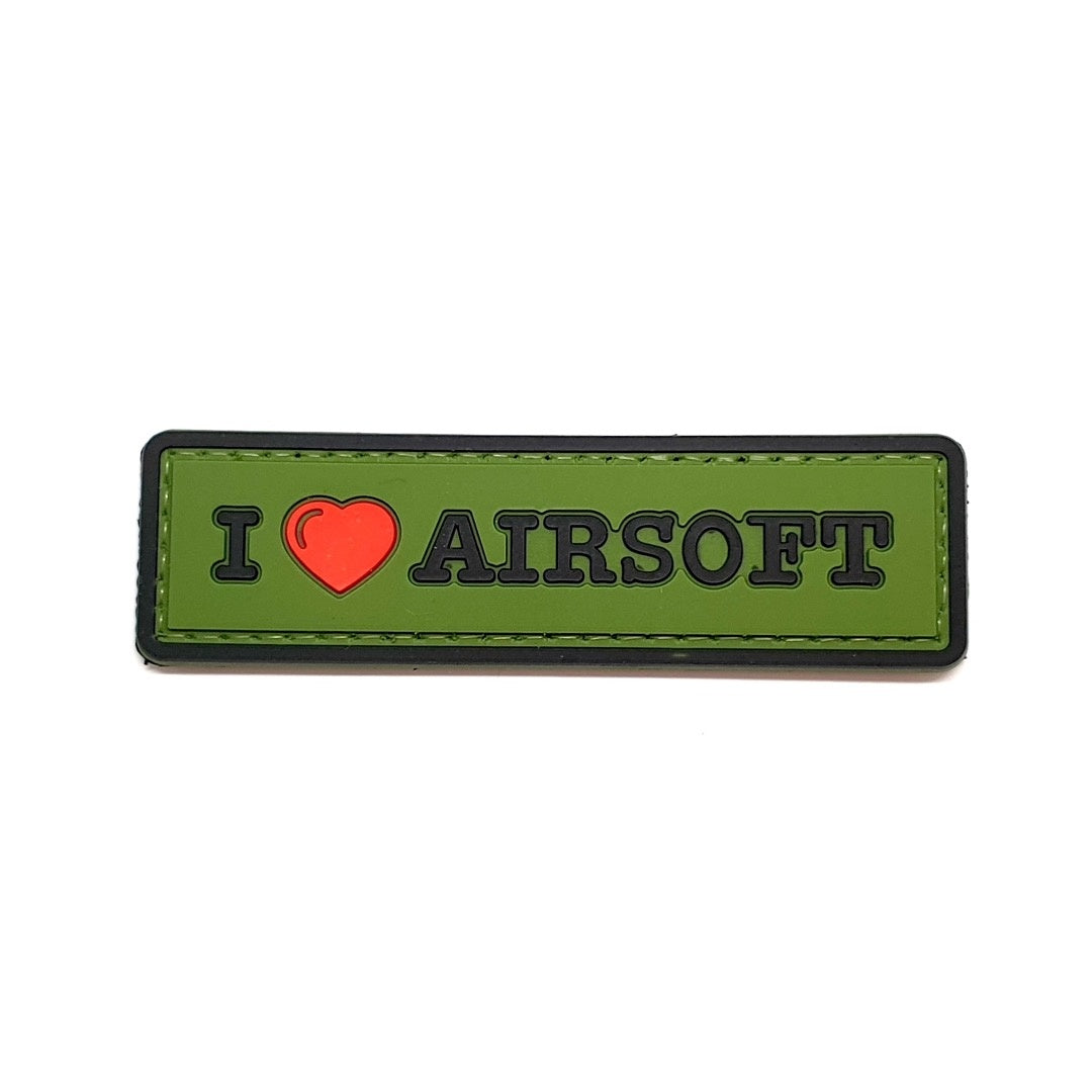 I Love Airsoft PVC Patch, Velcro backed Badge. Great for attaching to your field gear, jackets, shirts, pants, jeans, hats or even create your own patch board.  Size: 8.5x2.5cm