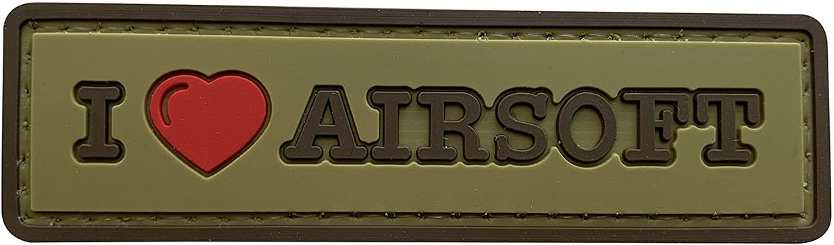 I Love Airsoft PVC Patch, Velcro backed Badge. Great for attaching to your field gear, jackets, shirts, pants, jeans, hats or even create your own patch board.  Size: 8.5x2.5cm