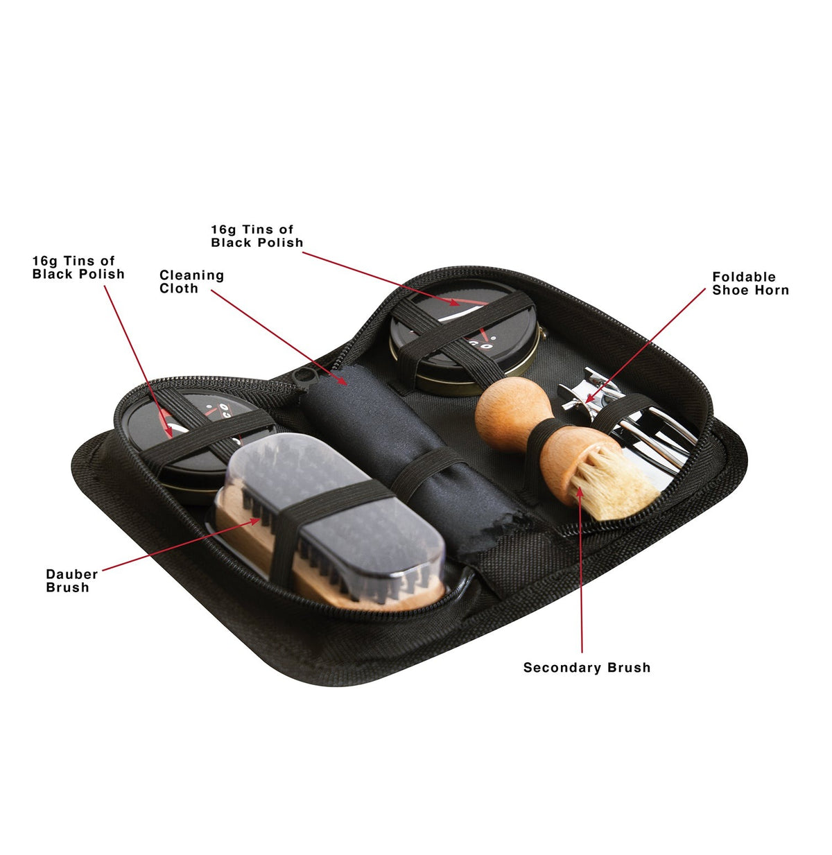 Compact Shoe Shine Kit Contains Six Essential Uniform Boot And Shoe Care Items: Two 16g Tins Of Black Polish – Great For Cleaning Worn-Out Boots, Shoes, And Other Leather Items Remove Dirt And Debris Before Polishing And Apply The Black Polish To Your Footwear With The Round Dauber Brush Secondary Brush Is Great For Reaching The Small Areas On Your Boots Multi-Purpose Cleaning Cloth Is Ideal For Buffing Out Any Irregulars And Leaving A Glossy Finish