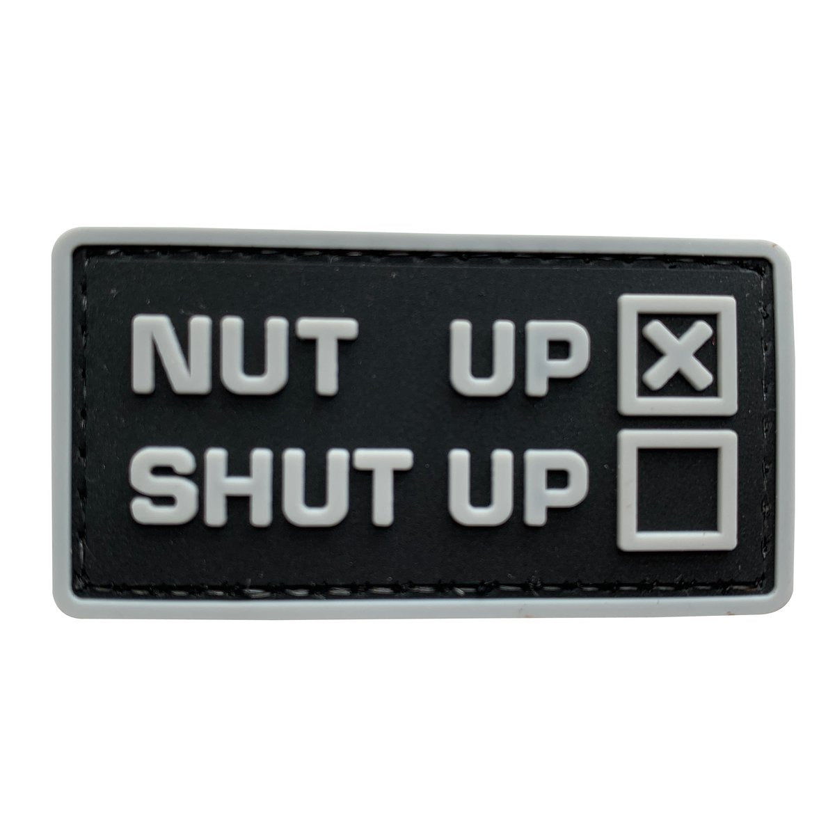 Nut Up or Shut Up PVC Patch, Velcro backed Badge. Great for attaching to your field gear, jackets, shirts, pants, jeans, hats or even create your own patch board.  Size: 5.8x3cm