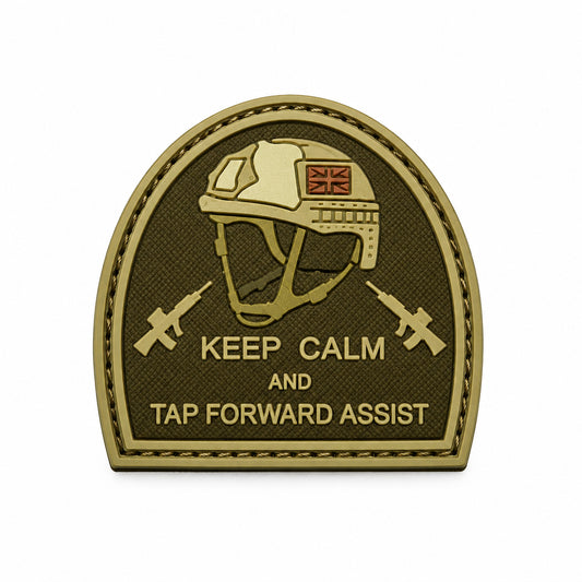 Keep Calm and Tap Forward Assist Carved Background PVC Patch Coyote Tan, Velcro backed Badge. Great for attaching to your field gear, jackets, shirts, pants, jeans, hats or even create your own patch board.  Size: 5cm www.moralepatches.com.au