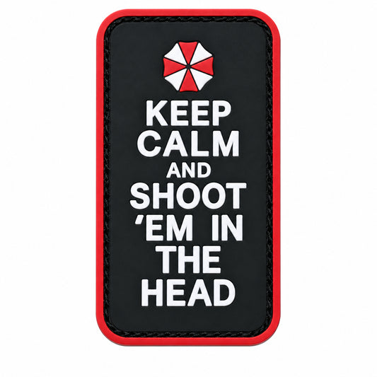 Keep Calm and Shoot 'Em in the Head PVC Patch, Velcro backed Badge. Great for attaching to your field gear, jackets, shirts, pants, jeans, hats or even create your own patch board.  Size: 9x5cm www.moralepatches.com.au