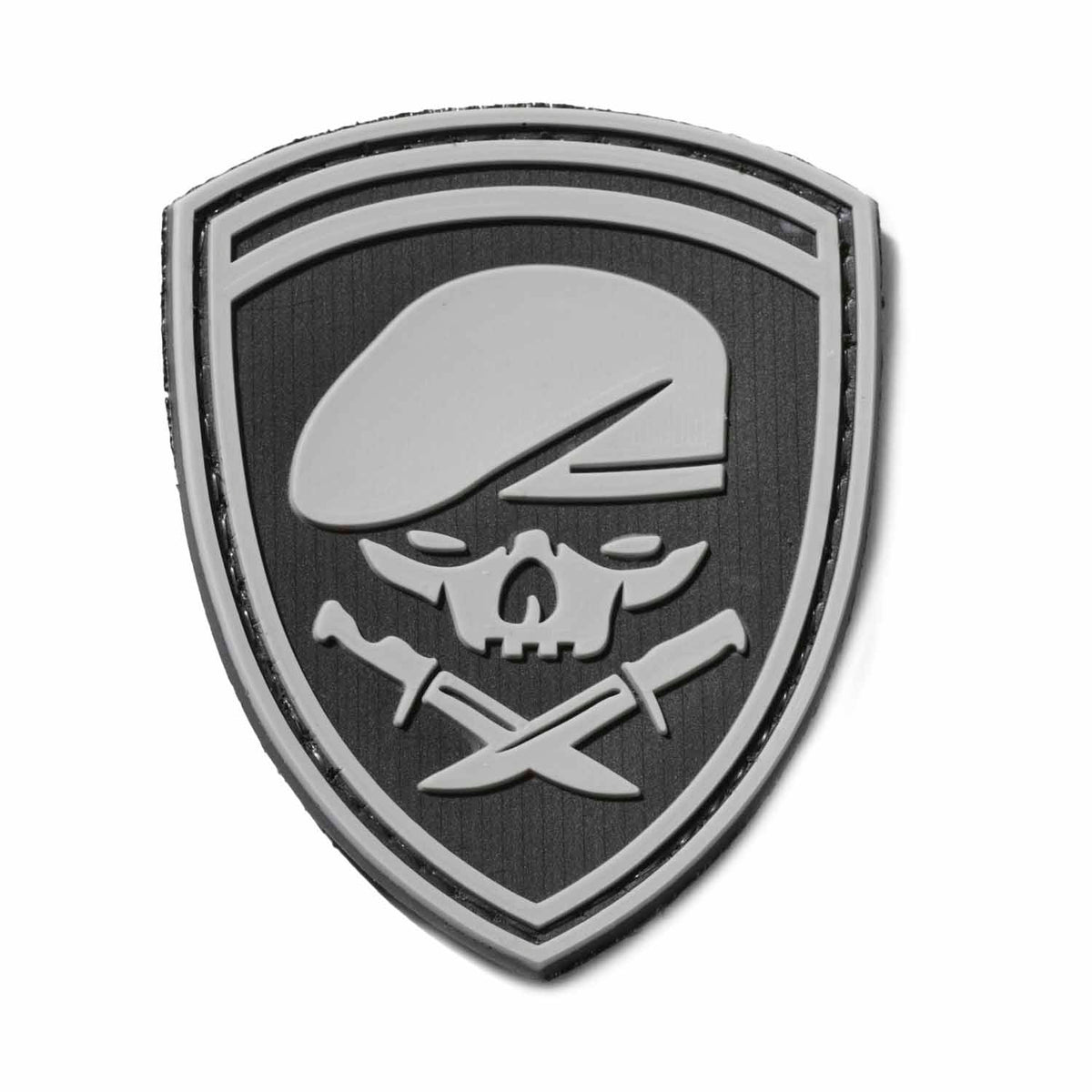 Skull Knife PVC Patch, Velcro backed Badge. Great for attaching to your field gear, jackets, shirts, pants, jeans, hats or even create your own patch board.  Size: 6x5cm