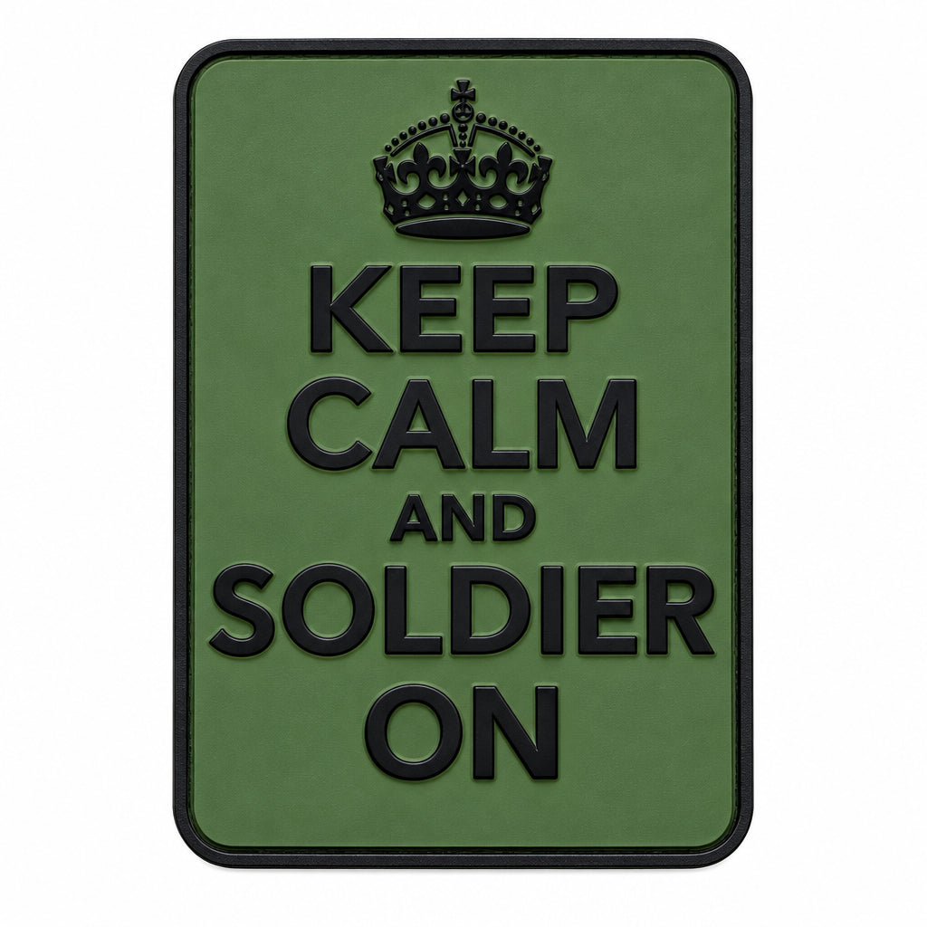 Keep Calm and Soldier on PVC Patch OD Green, Velcro backed Badge. Great for attaching to your field gear, jackets, shirts, pants, jeans, hats or even create your own patch board.  Size: 7.2x4.8cm www.moralepatches.com.au
