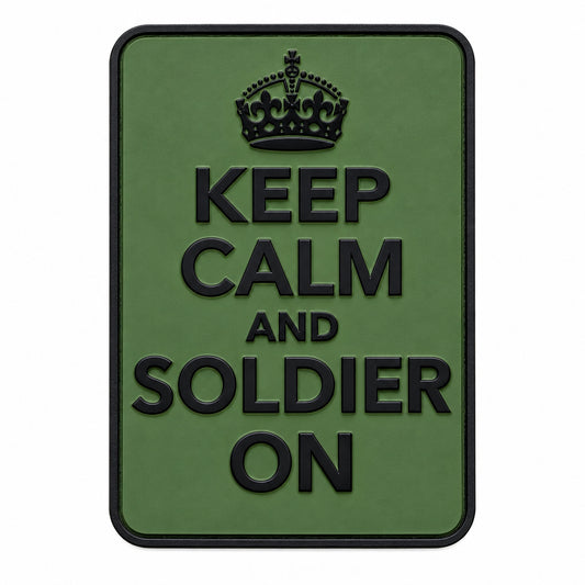 Keep Calm and Soldier on PVC Patch OD Green, Velcro backed Badge. Great for attaching to your field gear, jackets, shirts, pants, jeans, hats or even create your own patch board.  Size: 7.2x4.8cm www.moralepatches.com.au