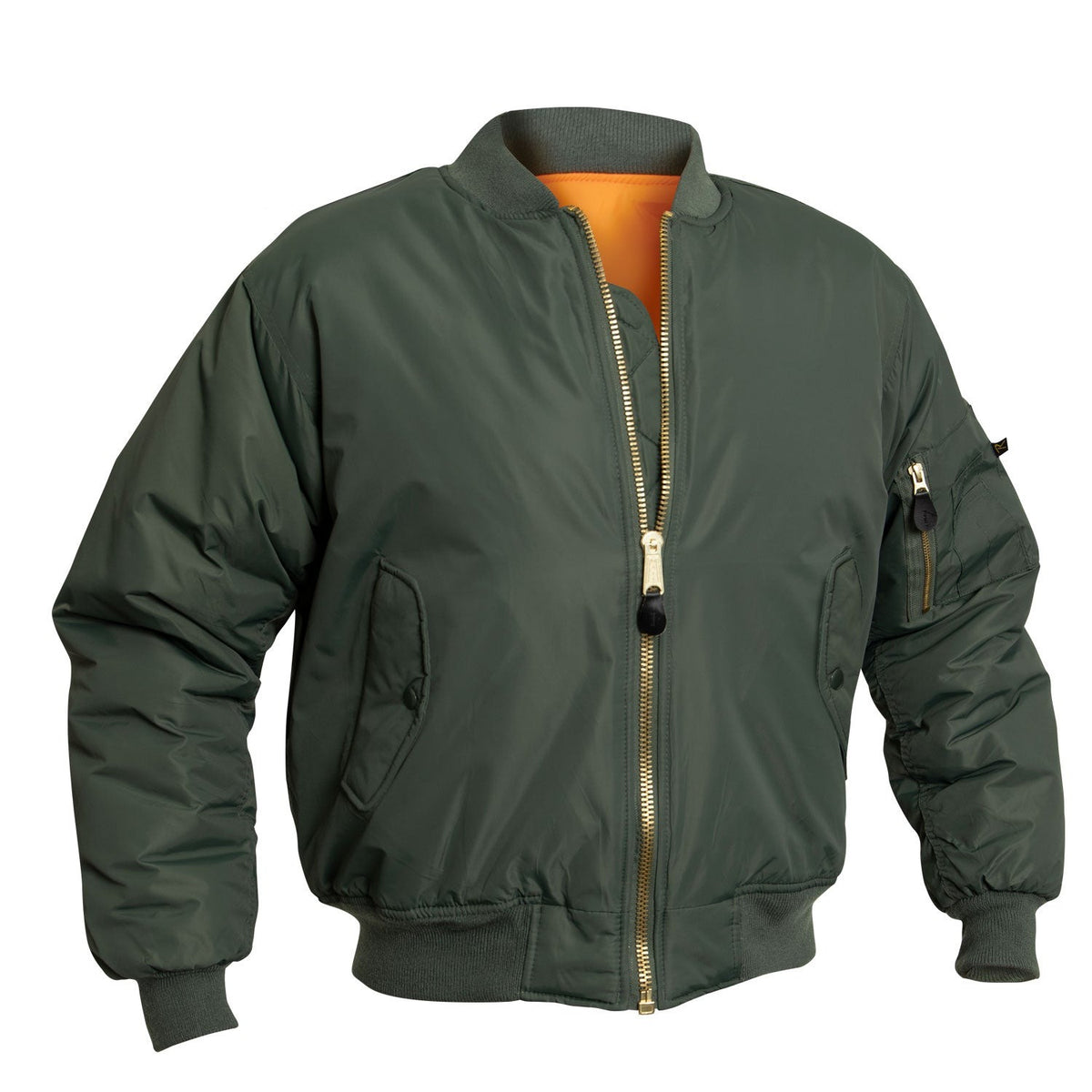 We took our classic MA-1 Flight Jacket and added an enhanced Nylon Outershell - offering maximum protection from the elements.   Fully Reversible Rescue Orange Nylon Lining Zippered Utility Pockets And Pen Pockets On The Left Arm For Easy Access Two Front Slash Pockets On The Outside And Inside The Jacket Zippered Front Closure With Classic MA-1 Pull Tab And Storm Flap Enhanced Nylon Material 100% Nylon Water Repellent Outer Shell MA-1 Flight Jacket With A Matte Finish SKU 2860