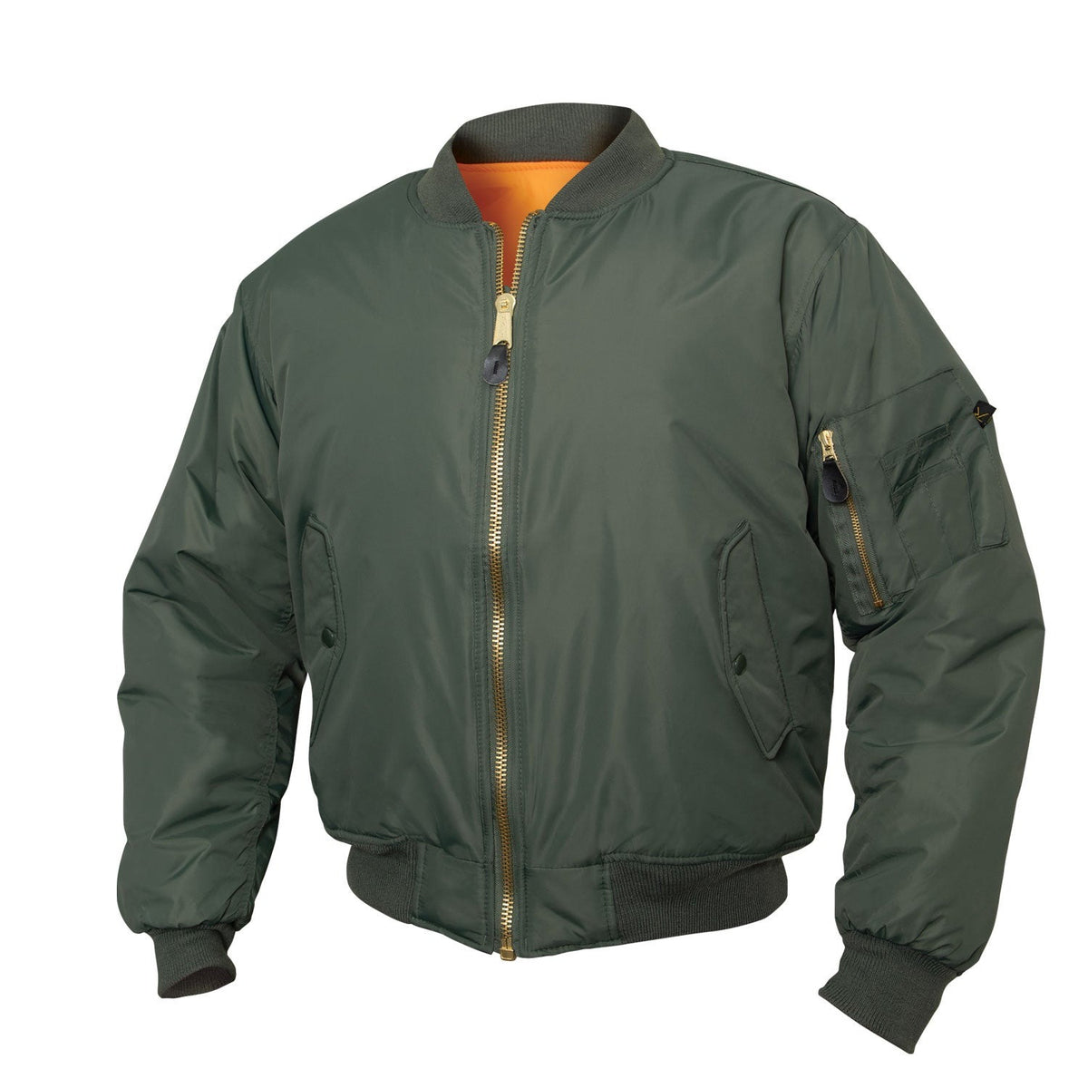 We took our classic MA-1 Flight Jacket and added an enhanced Nylon Outershell - offering maximum protection from the elements.   Fully Reversible Rescue Orange Nylon Lining Zippered Utility Pockets And Pen Pockets On The Left Arm For Easy Access Two Front Slash Pockets On The Outside And Inside The Jacket Zippered Front Closure With Classic MA-1 Pull Tab And Storm Flap Enhanced Nylon Material 100% Nylon Water Repellent Outer Shell MA-1 Flight Jacket With A Matte Finish SKU 2860