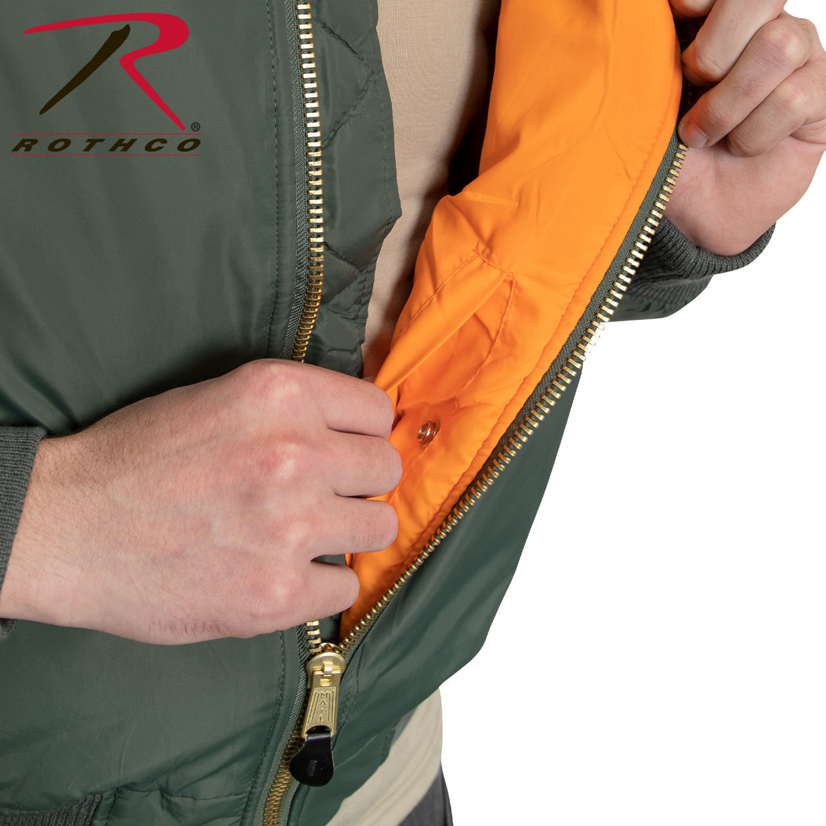 We took our classic MA-1 Flight Jacket and added an enhanced Nylon Outershell - offering maximum protection from the elements.   Fully Reversible Rescue Orange Nylon Lining Zippered Utility Pockets And Pen Pockets On The Left Arm For Easy Access Two Front Slash Pockets On The Outside And Inside The Jacket Zippered Front Closure With Classic MA-1 Pull Tab And Storm Flap Enhanced Nylon Material 100% Nylon Water Repellent Outer Shell MA-1 Flight Jacket With A Matte Finish SKU 2860