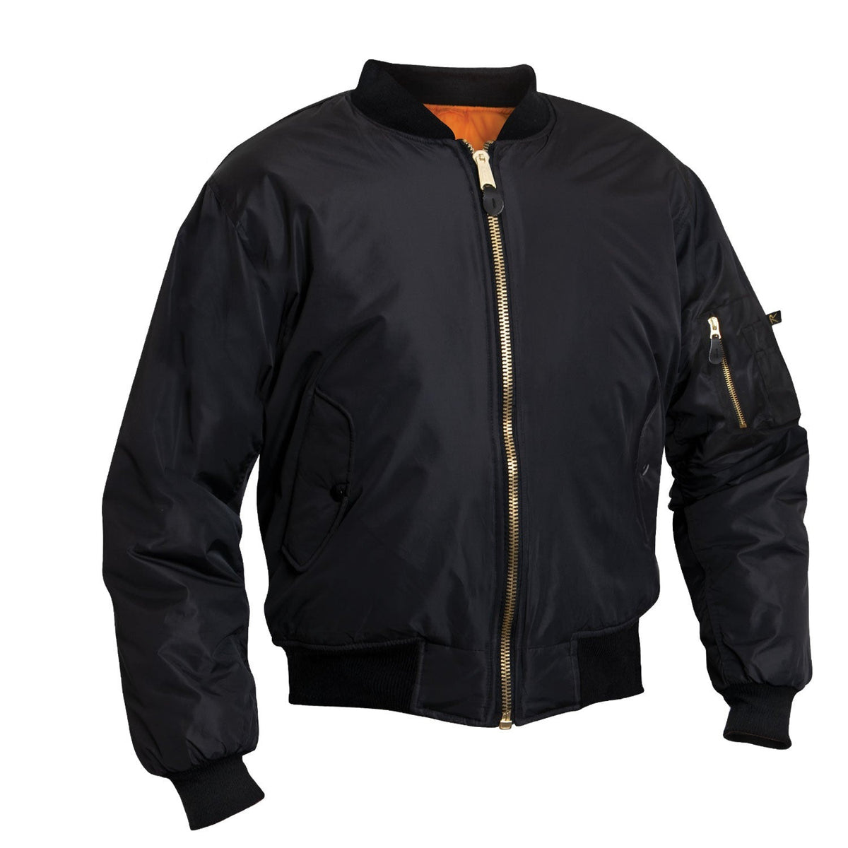 We took our classic MA-1 Flight Jacket and added an enhanced Nylon Outershell - offering maximum protection from the elements.   Fully Reversible Rescue Orange Nylon Lining Zippered Utility Pockets And Pen Pockets On The Left Arm For Easy Access Two Front Slash Pockets On The Outside And Inside The Jacket Zippered Front Closure With Classic MA-1 Pull Tab And Storm Flap Enhanced Nylon Material 100% Nylon Water Repellent Outer Shell MA-1 Flight Jacket With A Matte Finish