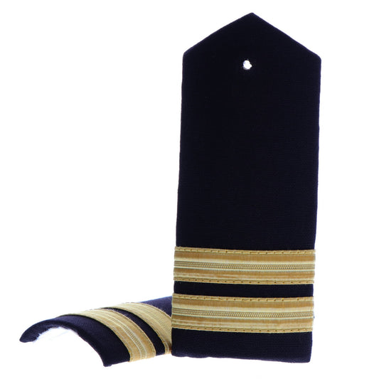 This quality 2 Stripe Hardboard Epaulette with embroidered detailing this set of two is ready for wear.  Specifications:      Material: Hardboard Epaulette, fabric, raised embroidery     Colour: Blue, gold     Size: Standard www.moralepatches.com.au