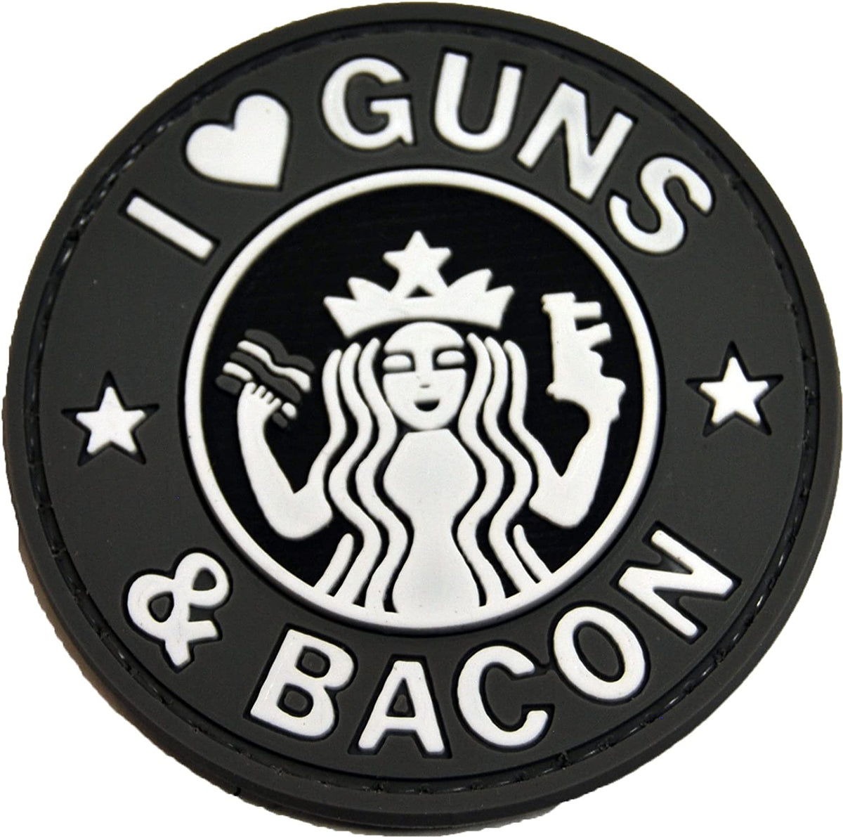 I Love Guns and Bacon PVC Patch, Velcro backed Badge. Great for attaching to your field gear, jackets, shirts, pants, jeans, hats or even create your own patch board.  Size: 6cm