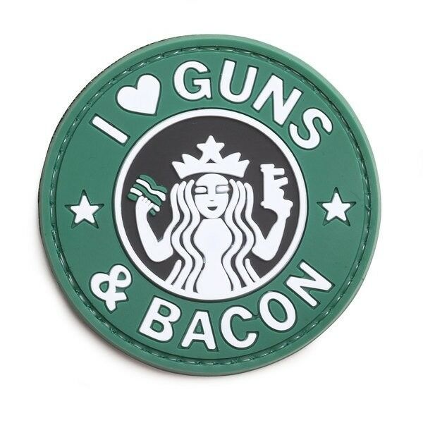 I Love Guns and Bacon PVC Patch, Velcro backed Badge. Great for attaching to your field gear, jackets, shirts, pants, jeans, hats or even create your own patch board.  Size: 6cm