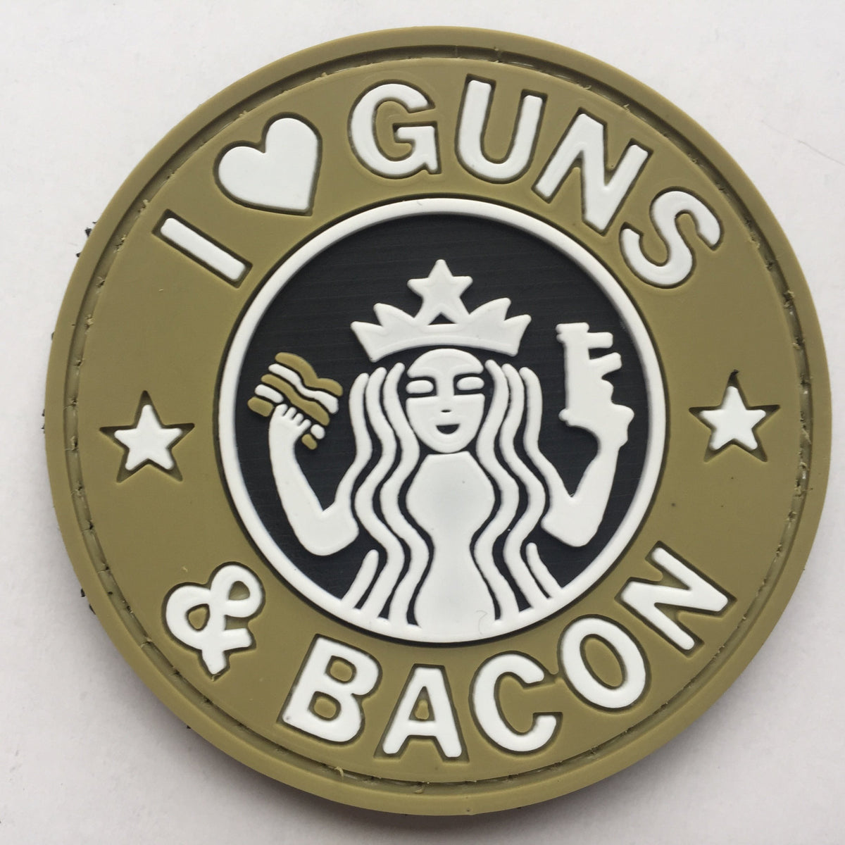 I Love Guns and Bacon PVC Patch, Velcro backed Badge. Great for attaching to your field gear, jackets, shirts, pants, jeans, hats or even create your own patch board.  Size: 6cm