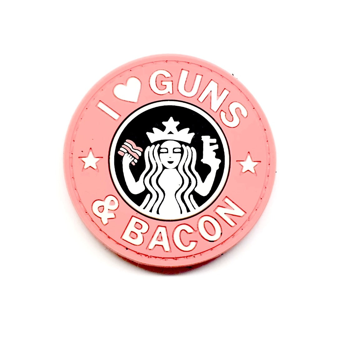 I Love Guns and Bacon PVC Patch, Velcro backed Badge. Great for attaching to your field gear, jackets, shirts, pants, jeans, hats or even create your own patch board.  Size: 6cm