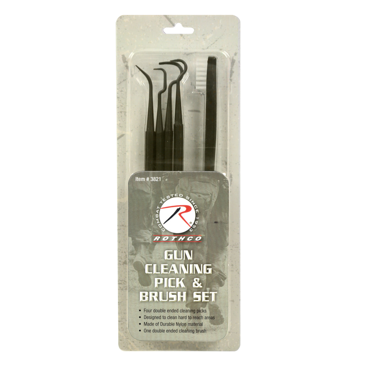 Rothco's Gun Cleaning Pick and Brush Set is a kit of 4 nylon picks and a polypropylene brush. Each pick is double ended with different shapes and grips. Each pick has a hexagon shape for grip. www.moralepatches.com.au