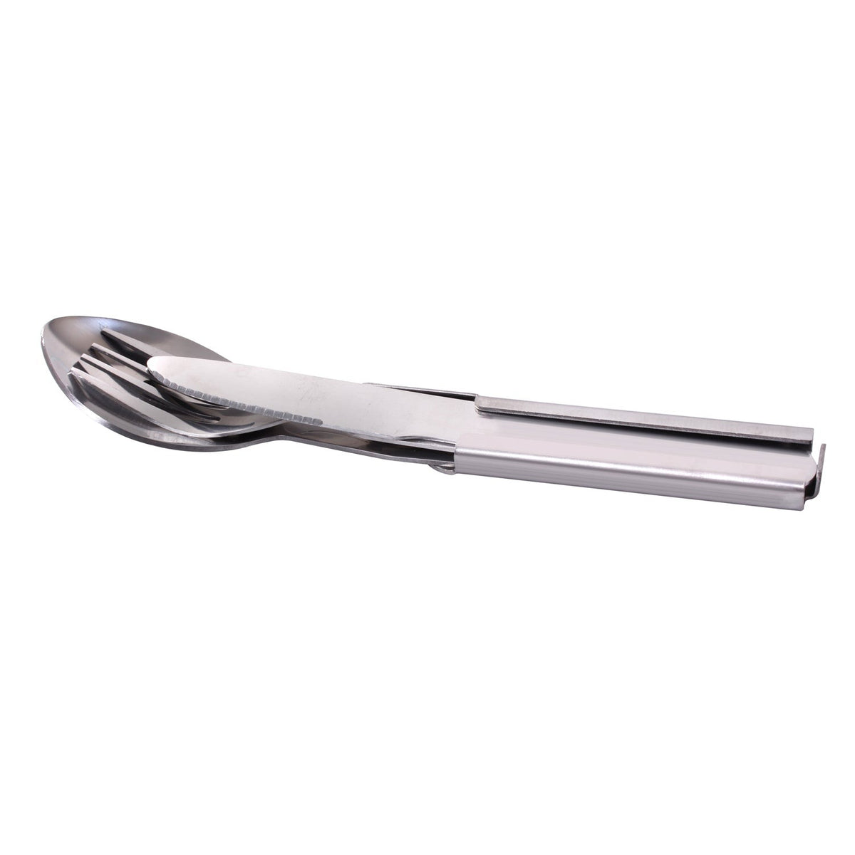 Rothco's Deluxe Chow Set is the ultimate camping utensil.   Deluxe Stainless Steel Chow Set Includes 4 Pieces: Serrated Knife, Fork, Spoon, And Can Opener/Bottle Opener Storage Pouch Included For Easy Carrying Fits Great In A Lunchbox, Bug Out Bag, Camping Or Hiking Pack All 4 Pieces Fit Easily Together To Make One Cohesive Unit