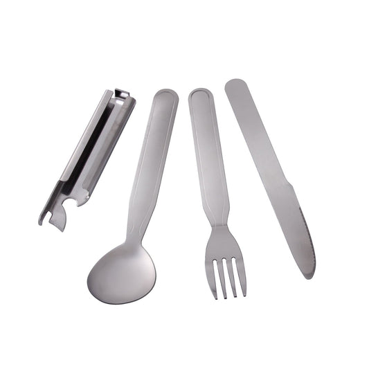 Rothco's Deluxe Chow Set is the ultimate camping utensil.   Deluxe Stainless Steel Chow Set Includes 4 Pieces: Serrated Knife, Fork, Spoon, And Can Opener/Bottle Opener Storage Pouch Included For Easy Carrying Fits Great In A Lunchbox, Bug Out Bag, Camping Or Hiking Pack All 4 Pieces Fit Easily Together To Make One Cohesive Unit