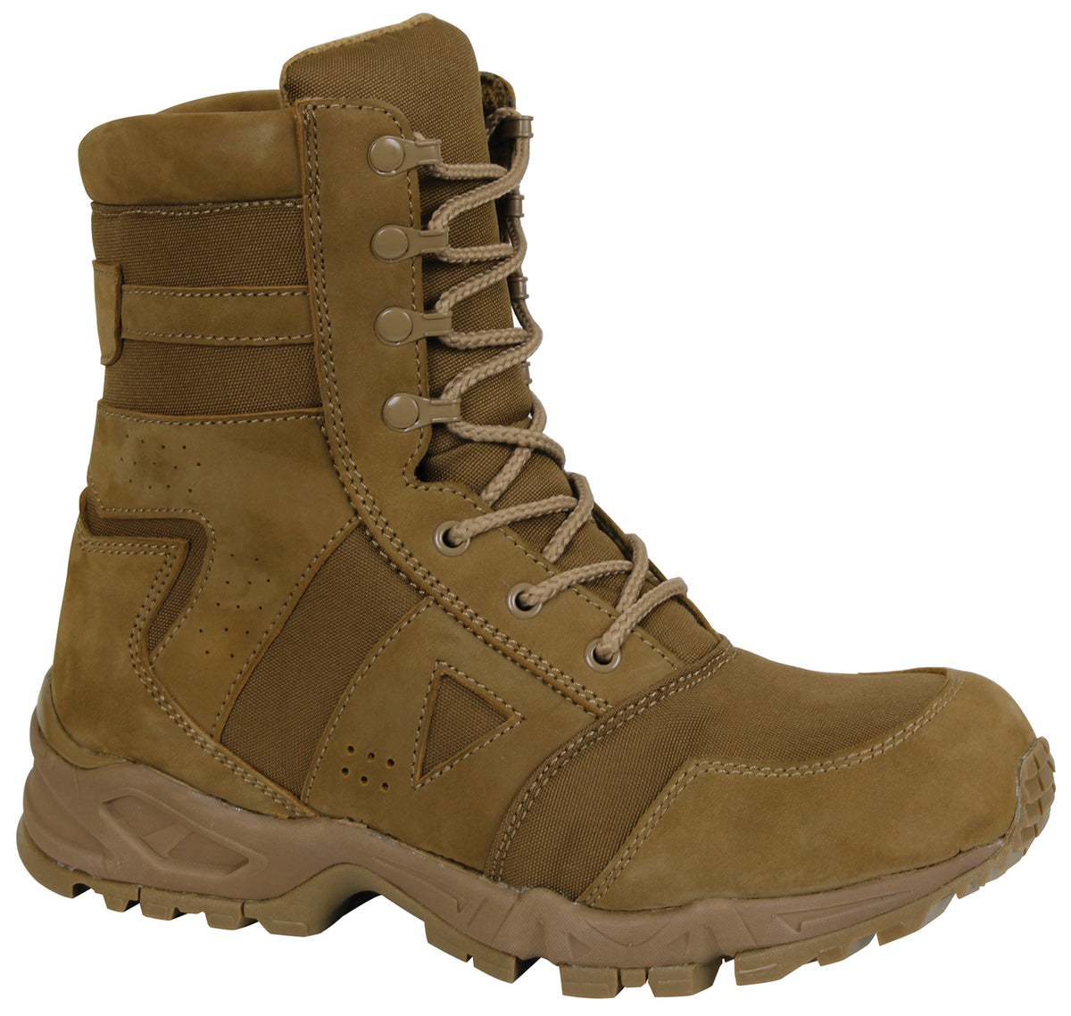Rothco's Coyote Brown Force Entry Tactical Boot is compliant to military regulation AR 670-1 (DA PAM 670-1, Section 20-3 Boots) Standards.   Compliant To Military Regulation AR 670-1 Height Of 8" (Measured From The Ground At Back Center) Upper Flesh Side Out Cattle Hide Leather (Nubuck) With Nylon Rubber Outsole Matching The Upper In Color Plain Toe "Cambrelle" Synthetic Lining (No Mesh) Soles Measure 1.75" In Height Double Side Vents For Breathable Comfort Padded Collar For Additional Support