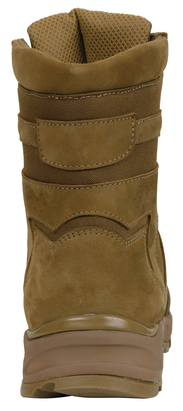 Rothco's Coyote Brown Force Entry Tactical Boot is compliant to military regulation AR 670-1 (DA PAM 670-1, Section 20-3 Boots) Standards.   Compliant To Military Regulation AR 670-1 Height Of 8" (Measured From The Ground At Back Center) Upper Flesh Side Out Cattle Hide Leather (Nubuck) With Nylon Rubber Outsole Matching The Upper In Color Plain Toe "Cambrelle" Synthetic Lining (No Mesh) Soles Measure 1.75" In Height Double Side Vents For Breathable Comfort Padded Collar For Additional Support