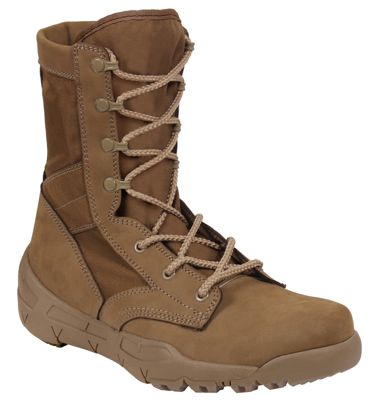 Rothco’s V-Max Lightweight Tactical Boot is the optimal choice for an all-purpose military-style boot.  Military-Style 8 ½” Cross Training Boot Is Designed With The Comfort And Support Of A Running Shoe The V-Max Lightweight Boot Interior Contains A Removable EVA Insole And 2 Screen Air Vents To Keep Your Feet Cool Rubber And EVA Outsole Provides Improved Traction While You Are On The Move Iron Eyelet Lace System Will Keep Your Tactical Boots Tightly Secured