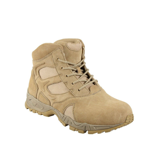 6" Forced Entry Desert Tan Boots Are ISO 9001 Certified and designed for extreme durability in the field.   ISO 9001 Certified Suede Leather Upper With Breathable Mesh For Ease Of Mobility Comfort Collar EVA Mid Sole And Rubber Outsole Mountaineer Sole For Optimal Grip Steel Shank For Added Support Rust Proof 5 Eyelet Lace System