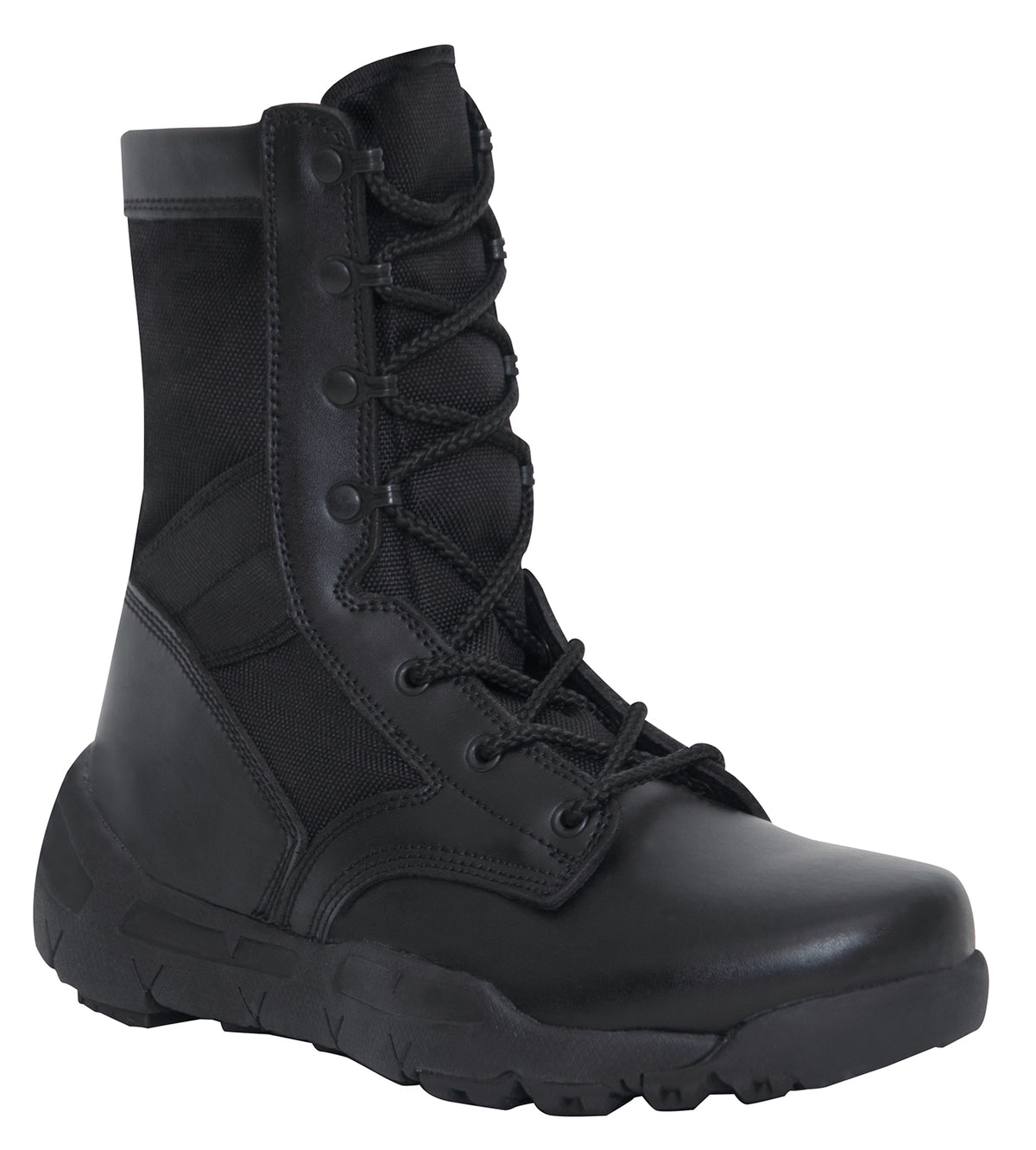   Rothco’s V-Max Lightweight Tactical Boot is the optimal choice for an all-purpose military-style boot.      Military-Style 8 ½” Cross Training Boot Is Designed With The Comfort And Support Of A Running Shoe     The V-Max Lightweight Boot Interior Contains A Removable EVA Insole And 2 Screen Air Vents To Keep Your Feet Cool     Rubber And EVA Outsole Provides Improved Traction While You Are On The Move     Iron Eyelet Lace System Will Keep Your Tactical Boots Tightly Secured
