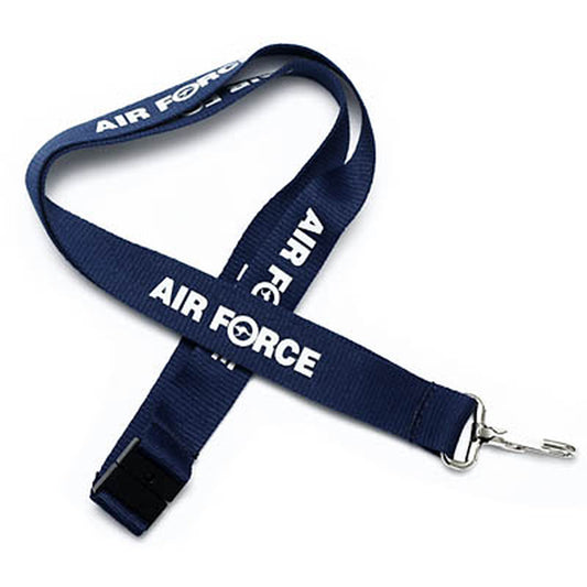 20mm navy Lanyard with swivel clip and safety breakaway printed with Air Force logo in white. www.moralepatches.com.au