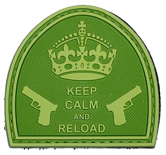 Keep Calm and Reload Carved Background PVC Patch OD Green, Velcro backed Badge. Great for attaching to your field gear, jackets, shirts, pants, jeans, hats or even create your own patch board.  Size: 5.5X5cm www.moralepatches.com.au